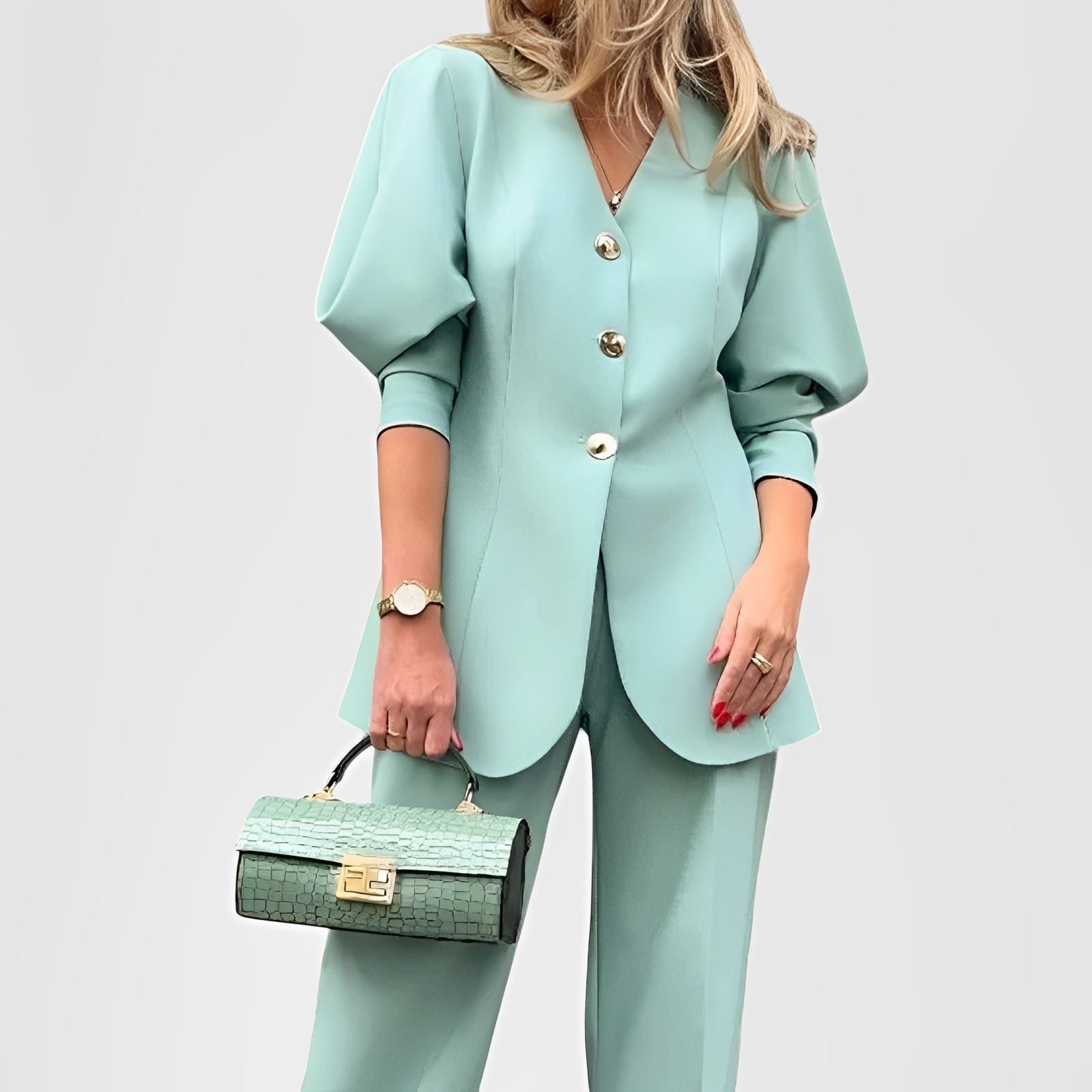 Elegant Puff Sleeve Blazer & Wide-Leg Trousers Set