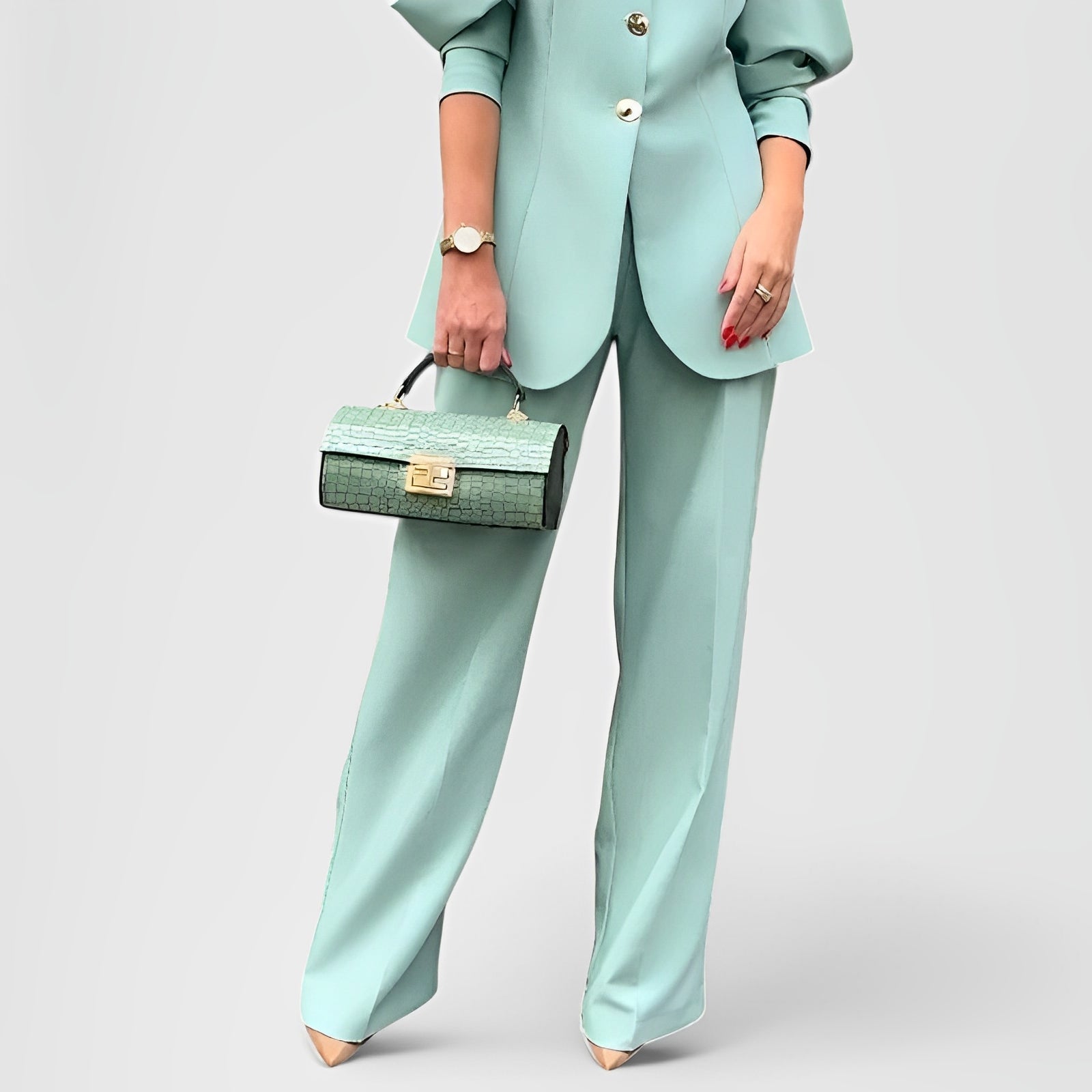 Elegant Puff Sleeve Blazer & Wide-Leg Trousers Set