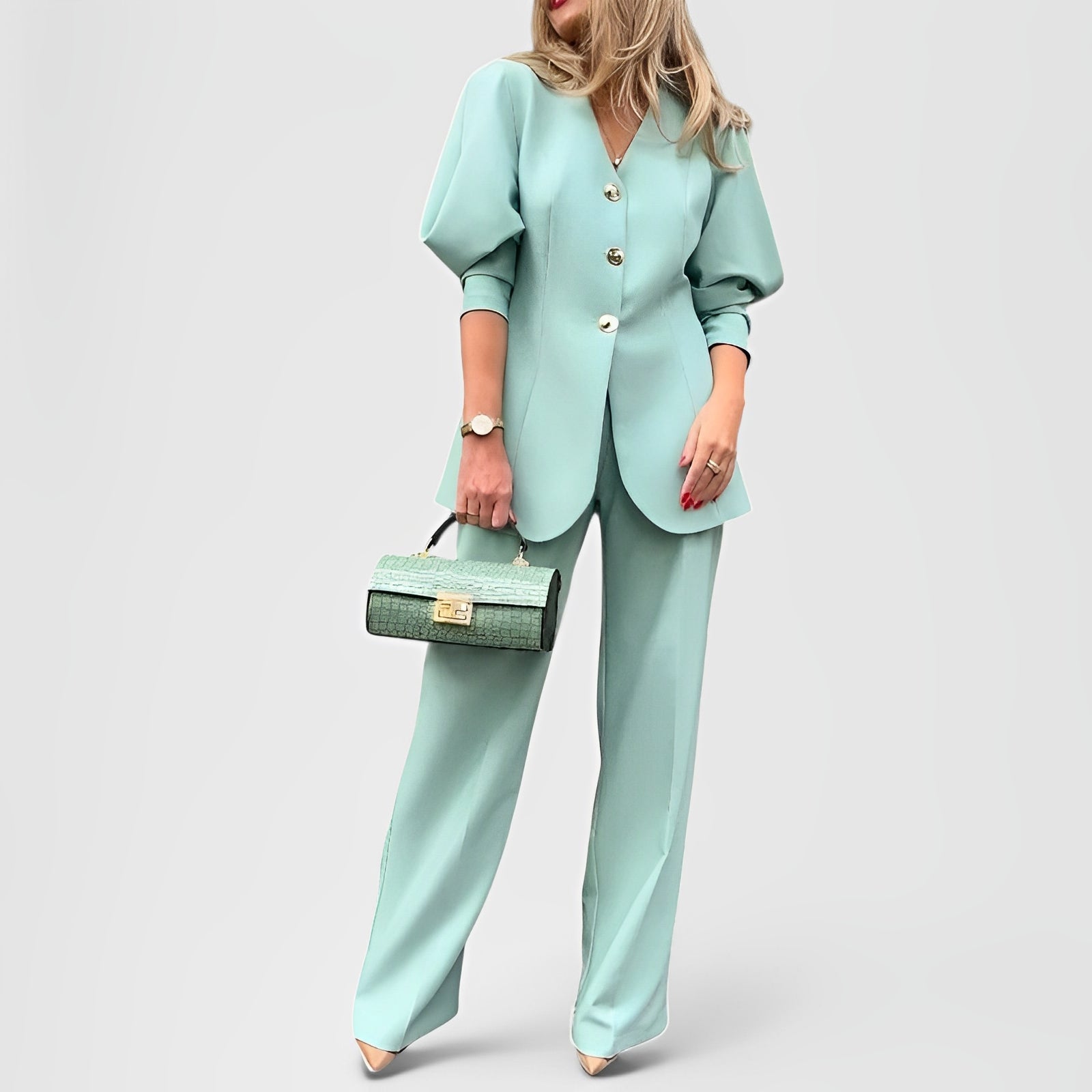 Elegant Puff Sleeve Blazer & Wide-Leg Trousers Set