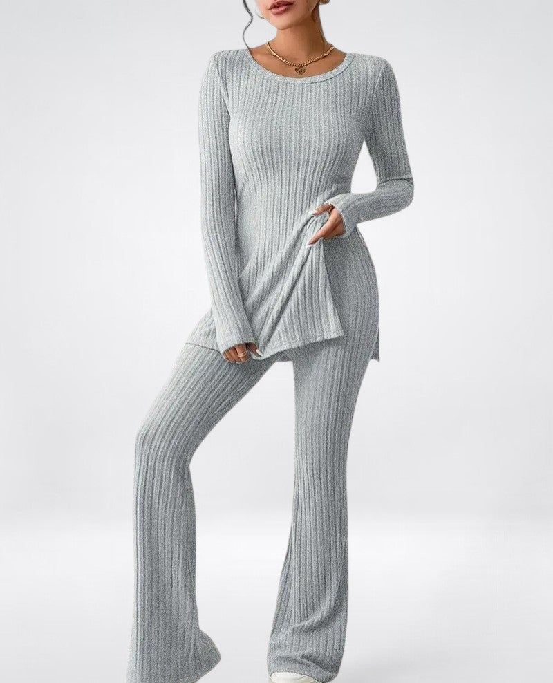 Women's Ribbed Knit Two-Piece Set - Elegant Lounge & Casualwear