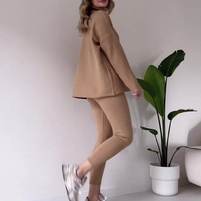 Effen kleur hoge kraag modieus en veelzijdig casual gebreid warm pak