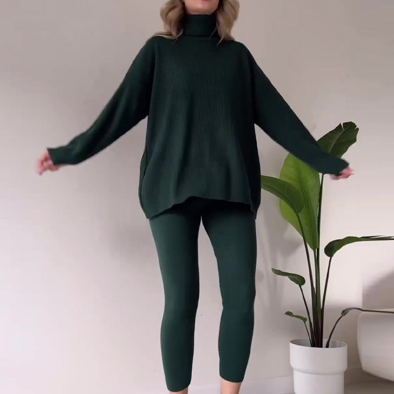 Effen kleur hoge kraag modieus en veelzijdig casual gebreid warm pak