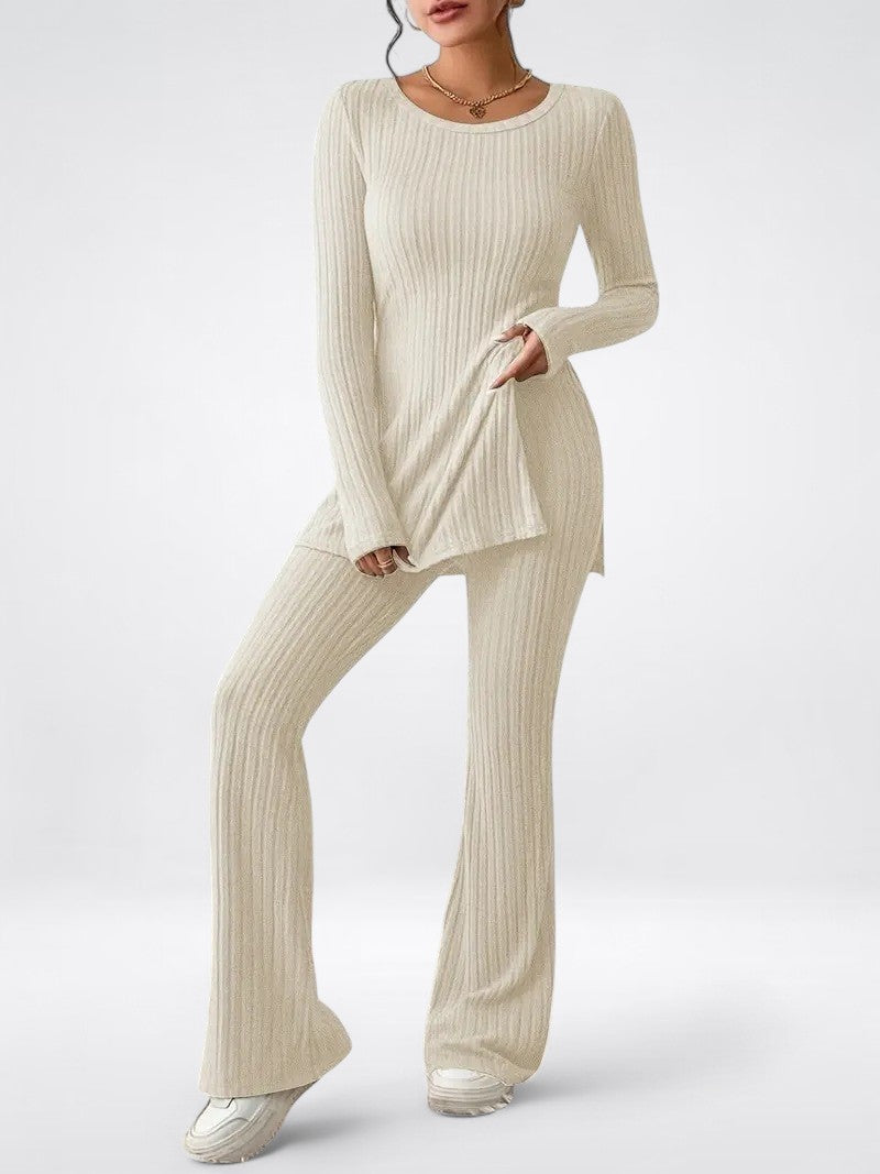 Women's Ribbed Knit Two-Piece Set - Elegant Lounge & Casualwear