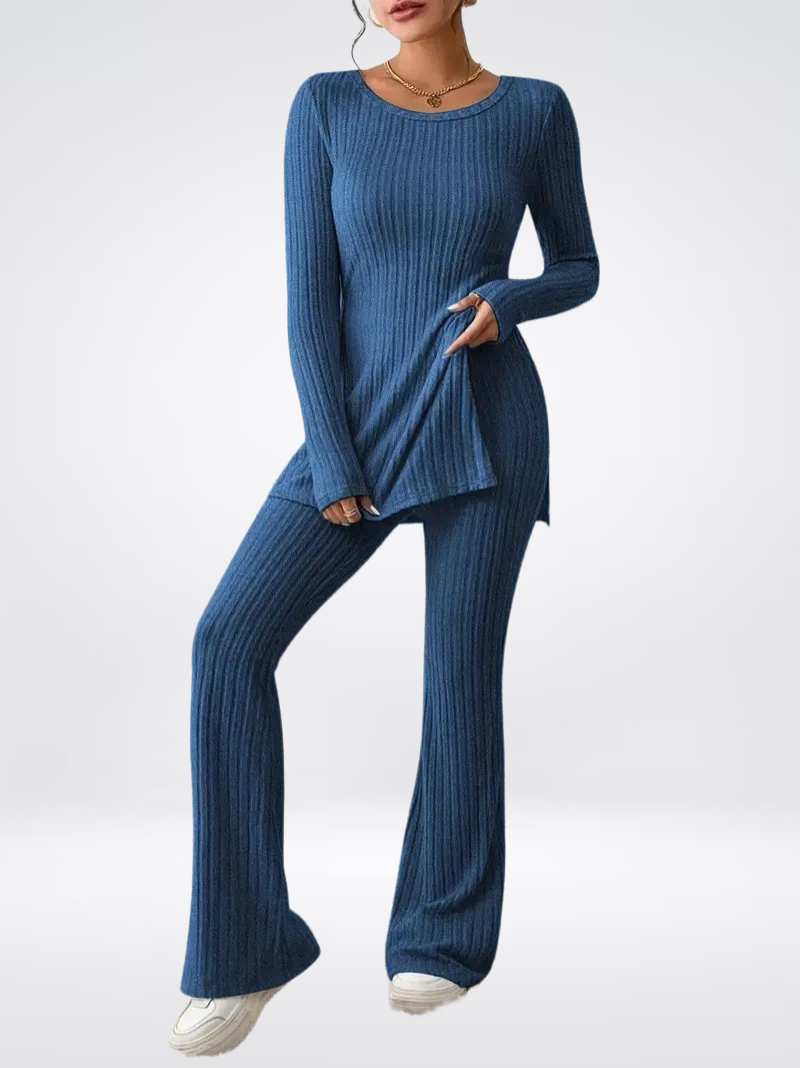 Women's Ribbed Knit Two-Piece Set - Elegant Lounge & Casualwear